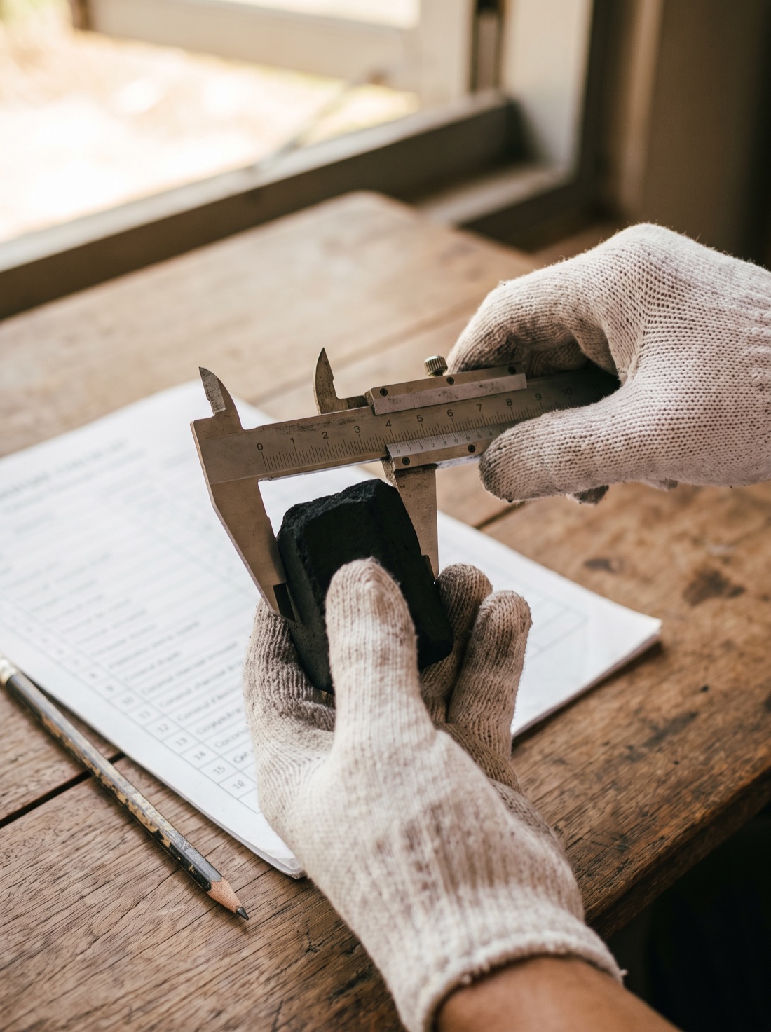 Gloved hands measuring a briquette cube with a caliper