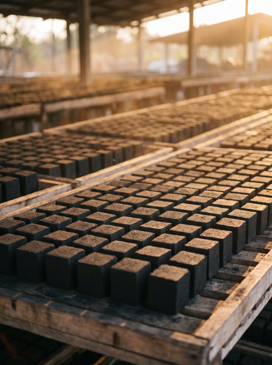 Rows of pressed charcoal cube briquettes on drying trays at golden hour