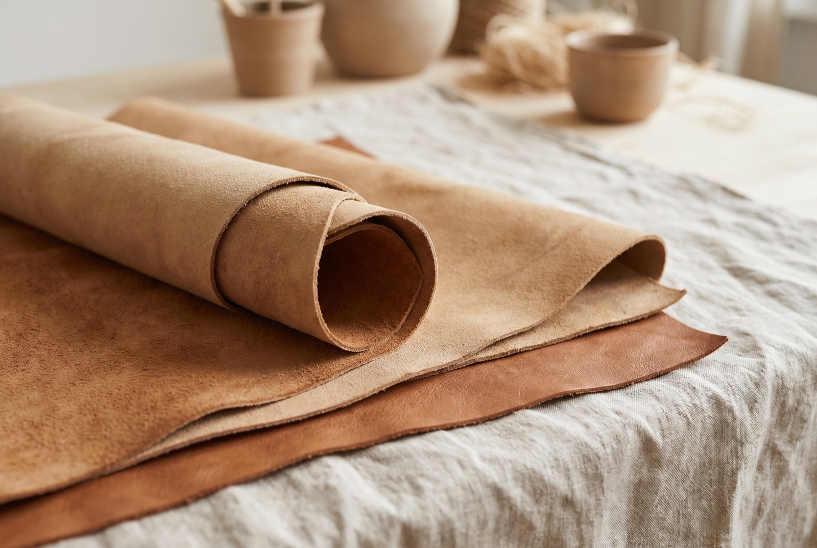 Coconut bioleather sheets in natural tan and brown tones